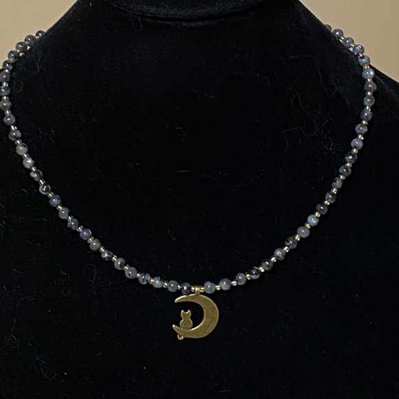 Larvikite Bronze Cat on the Moon Necklace, Genuine Gemstone Beaded Necklace - Picture 2 of 10